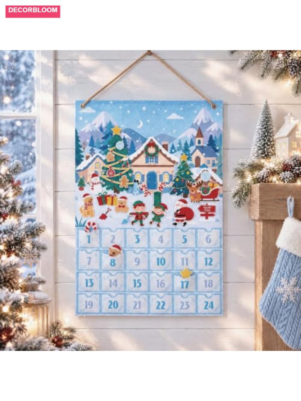 Felt Christmas Advent Calendar 24-Day Countdown Wall Hanging Decor with Pockets